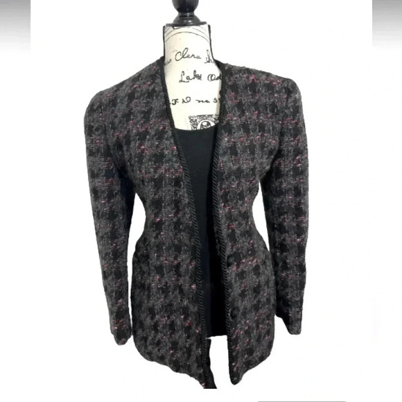 Dana Buchman Blazer Vintage wool tweed style black & gray  long button size 6 by - Picture 3 of 14